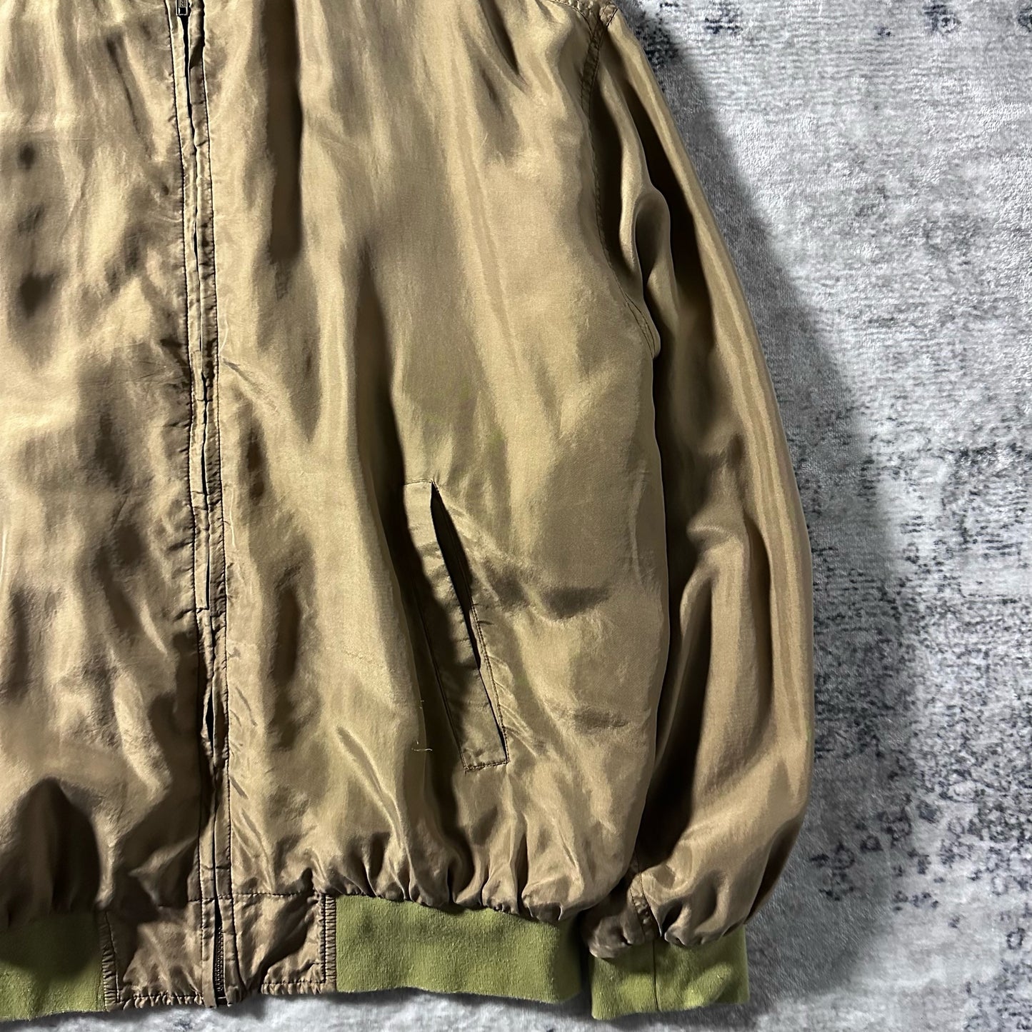 Silk Bomber Jacket Beige Olive Rib Design – L
