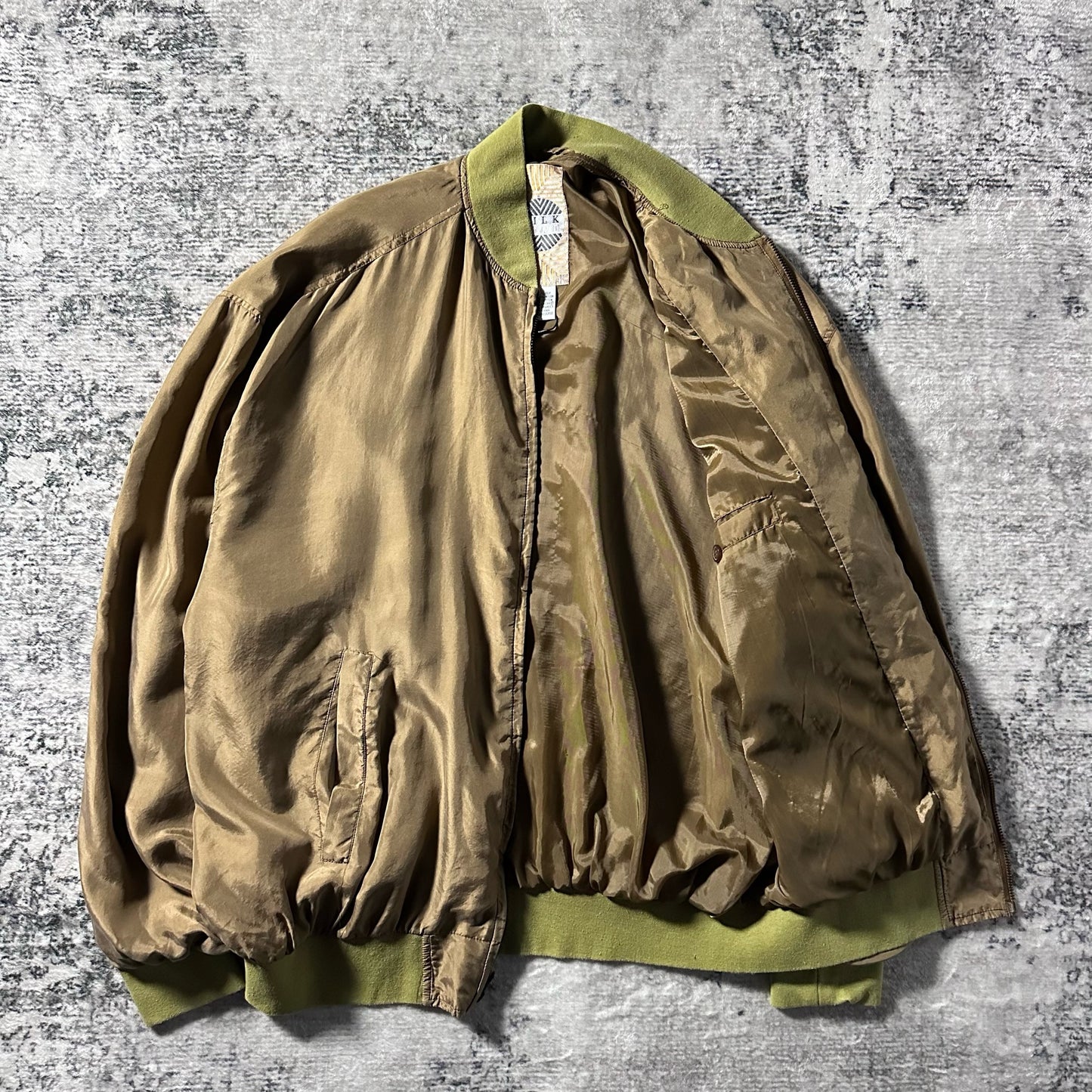 Silk Bomber Jacket Beige Olive Rib Design – L