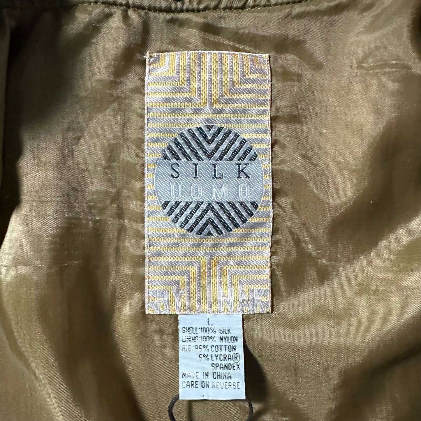 Silk Bomber Jacket Beige Olive Rib Design – L