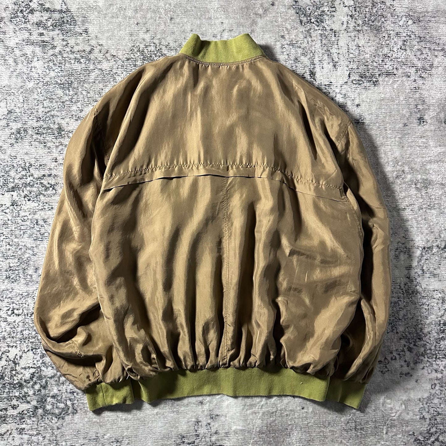 Silk Bomber Jacket Beige Olive Rib Design – L