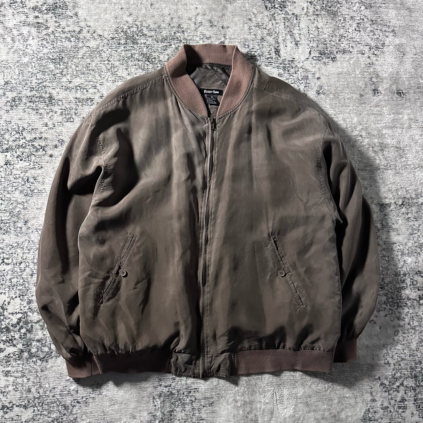 Silk Bomber Jacket Brown Gray Minimal Design – L