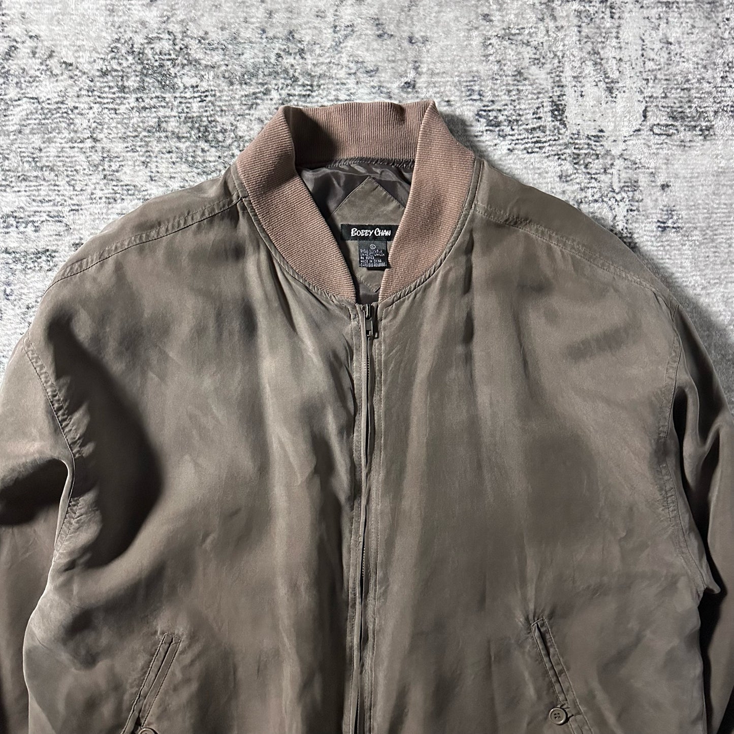 Silk Bomber Jacket Brown Gray Minimal Design – L