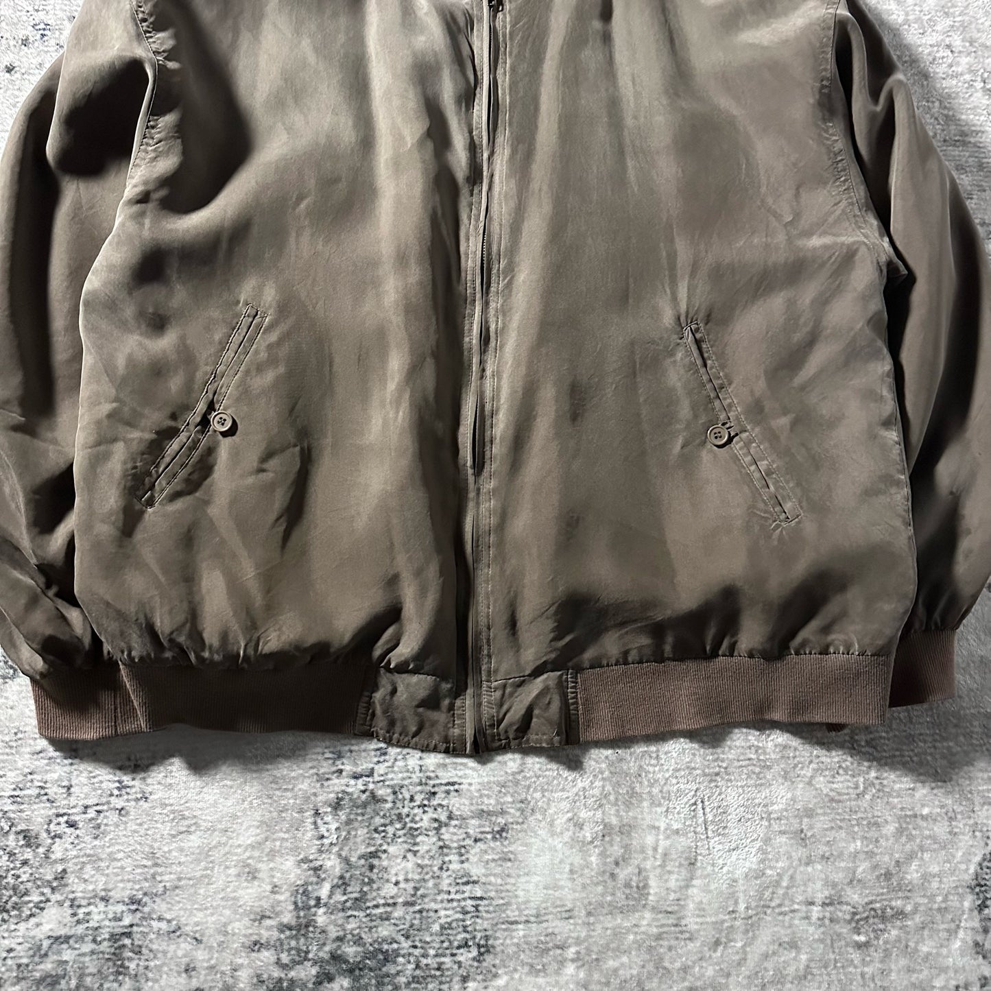 Silk Bomber Jacket Brown Gray Minimal Design – L