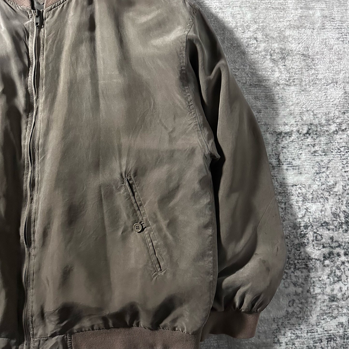 Silk Bomber Jacket Brown Gray Minimal Design – L