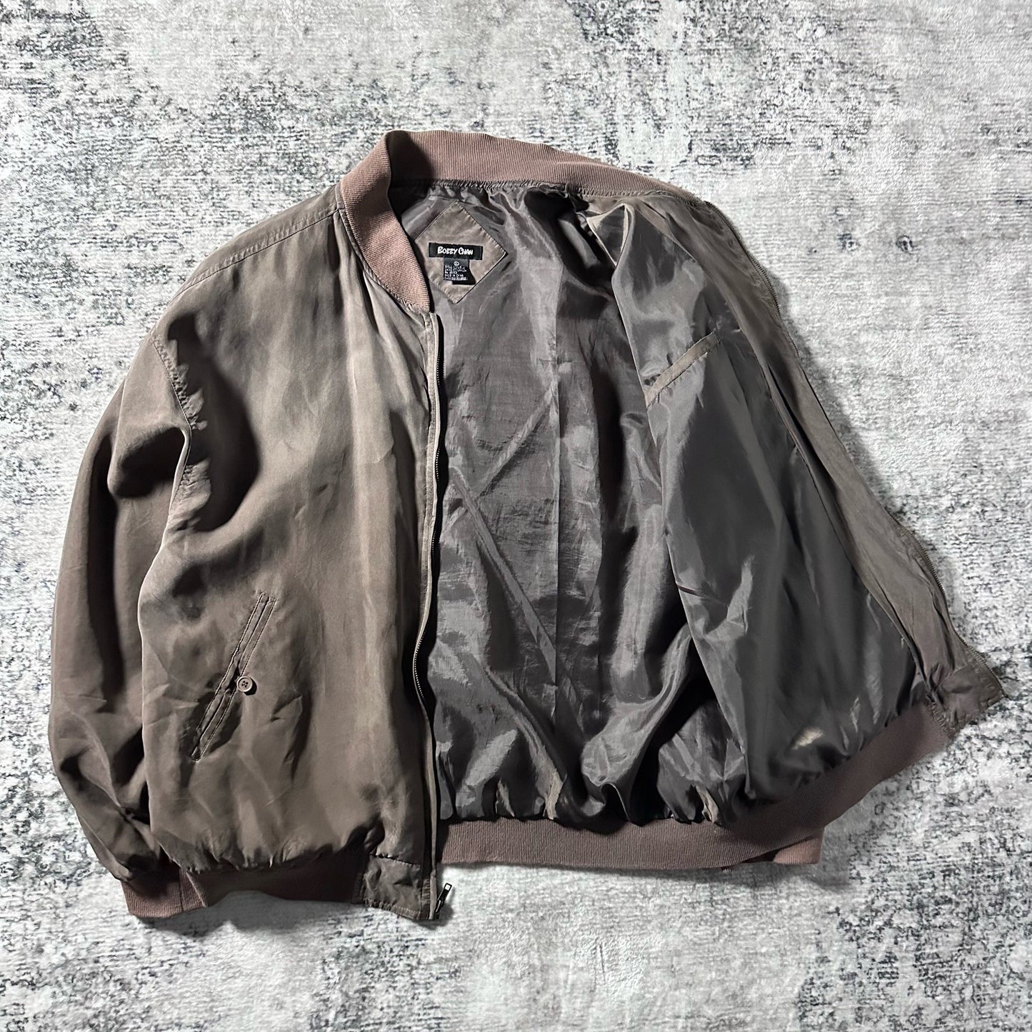 Silk Bomber Jacket Brown Gray Minimal Design – L