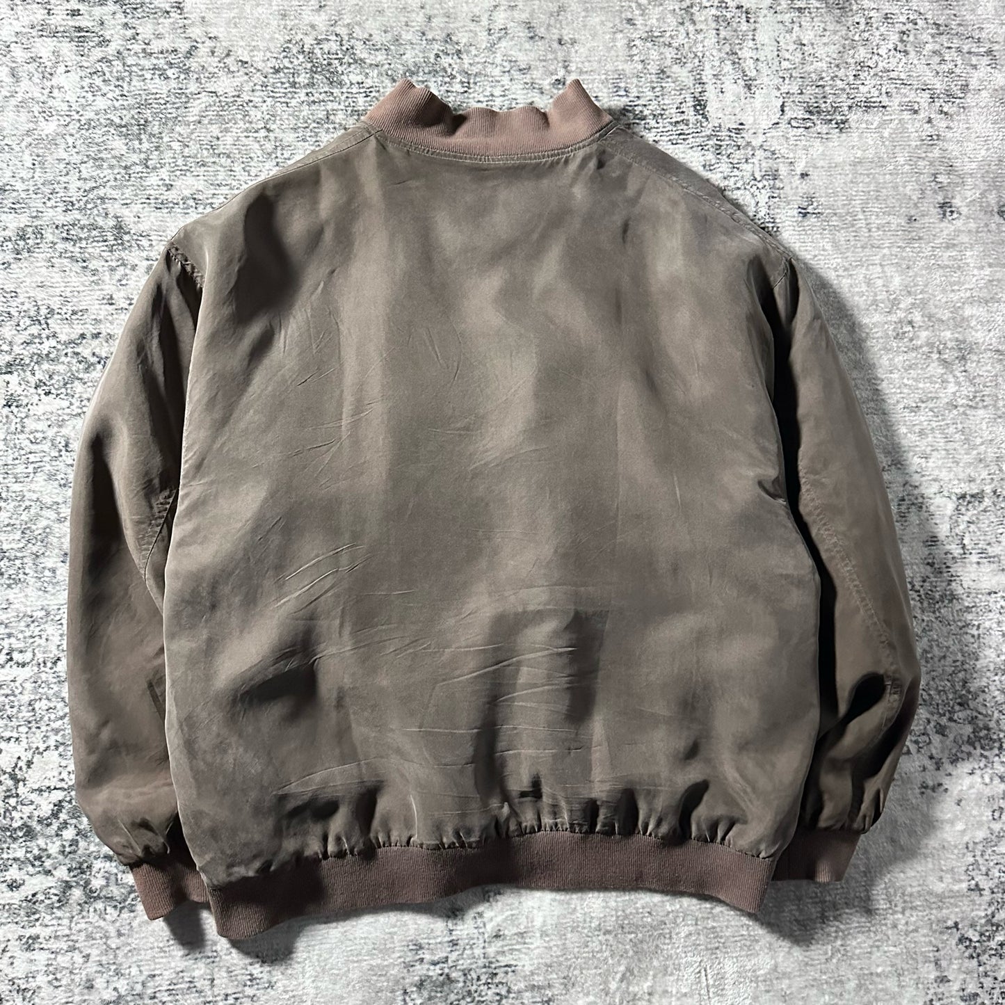 Silk Bomber Jacket Brown Gray Minimal Design – L