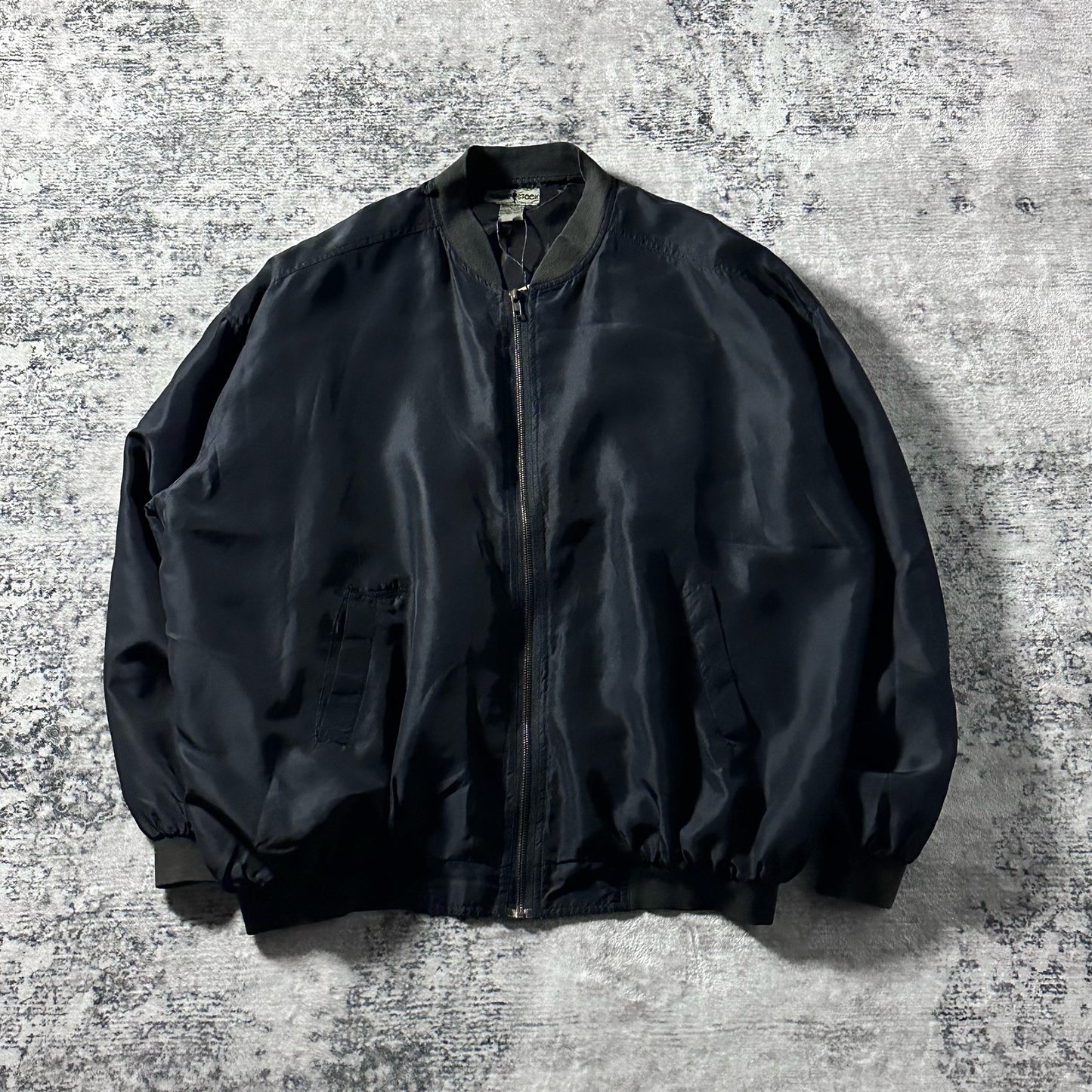 Silk Bomber Jacket Black Minimal Design – L