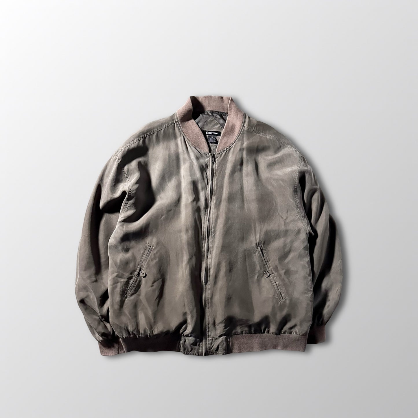 Silk Bomber Jacket Brown Gray Minimal Design – L