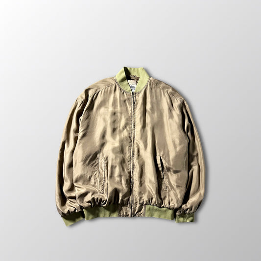 Silk Bomber Jacket Beige Olive Rib Design – L