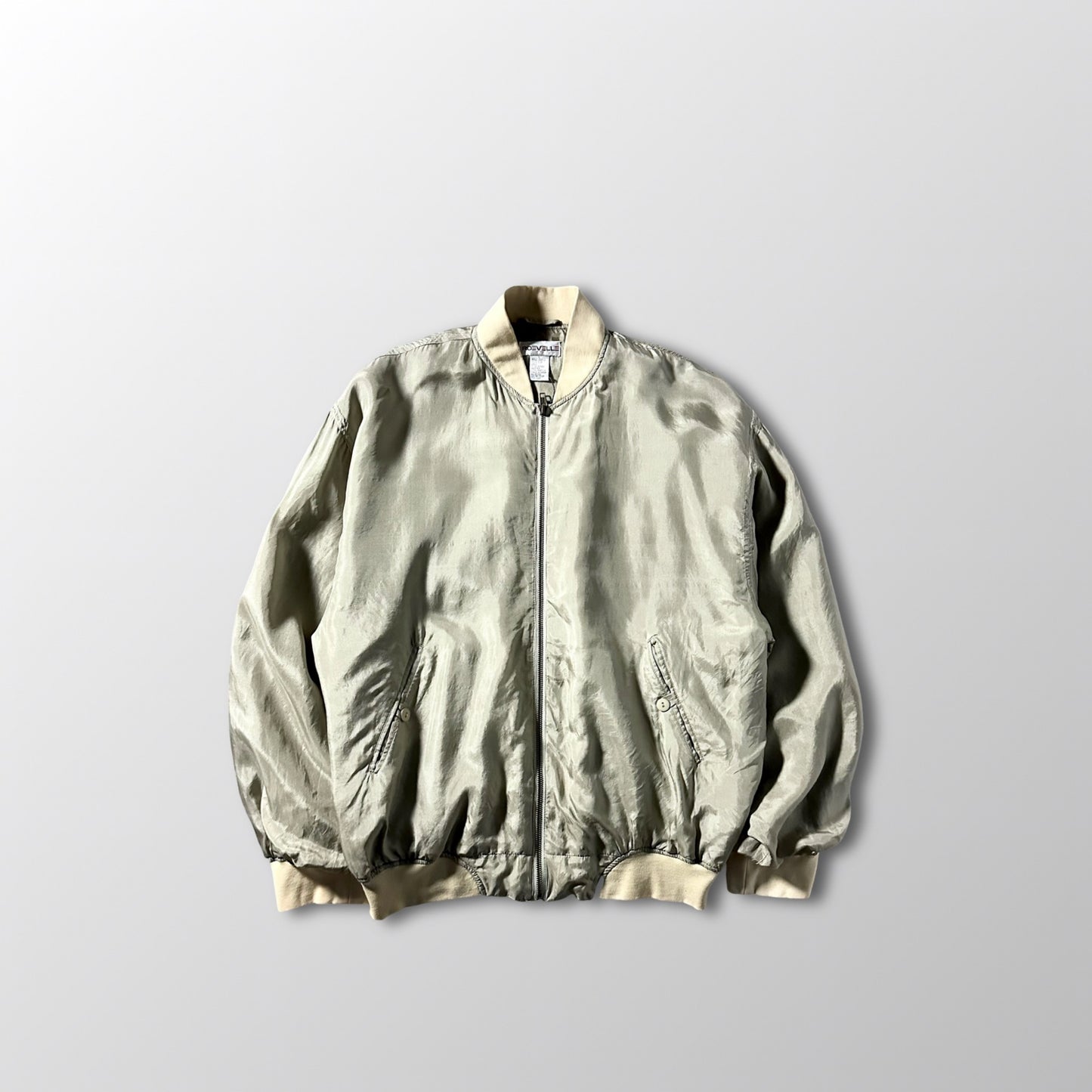 Silk Bomber Jacket Khaki Beige Zip Design – L