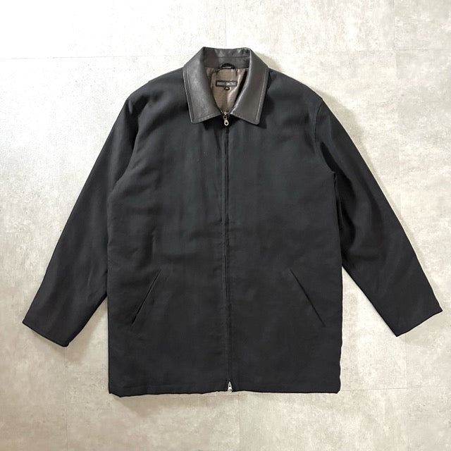 Minimal Leather Collar Zip Jacket Black –  XL