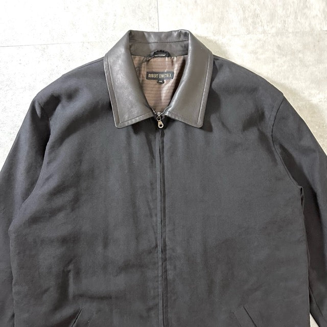 Minimal Leather Collar Zip Jacket Black –  XL