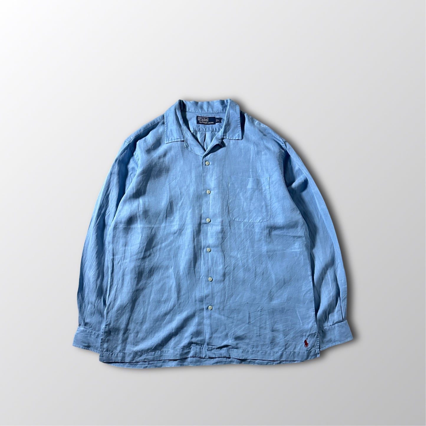 Linen　Silk Polo by Ralph Lauren The Big Shirt Blue Open Collar Shirt – L