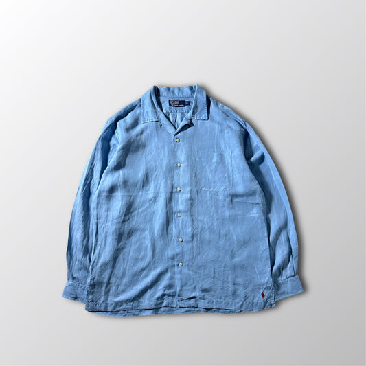 Linen　Silk Polo by Ralph Lauren The Big Shirt Blue Open Collar Shirt – L
