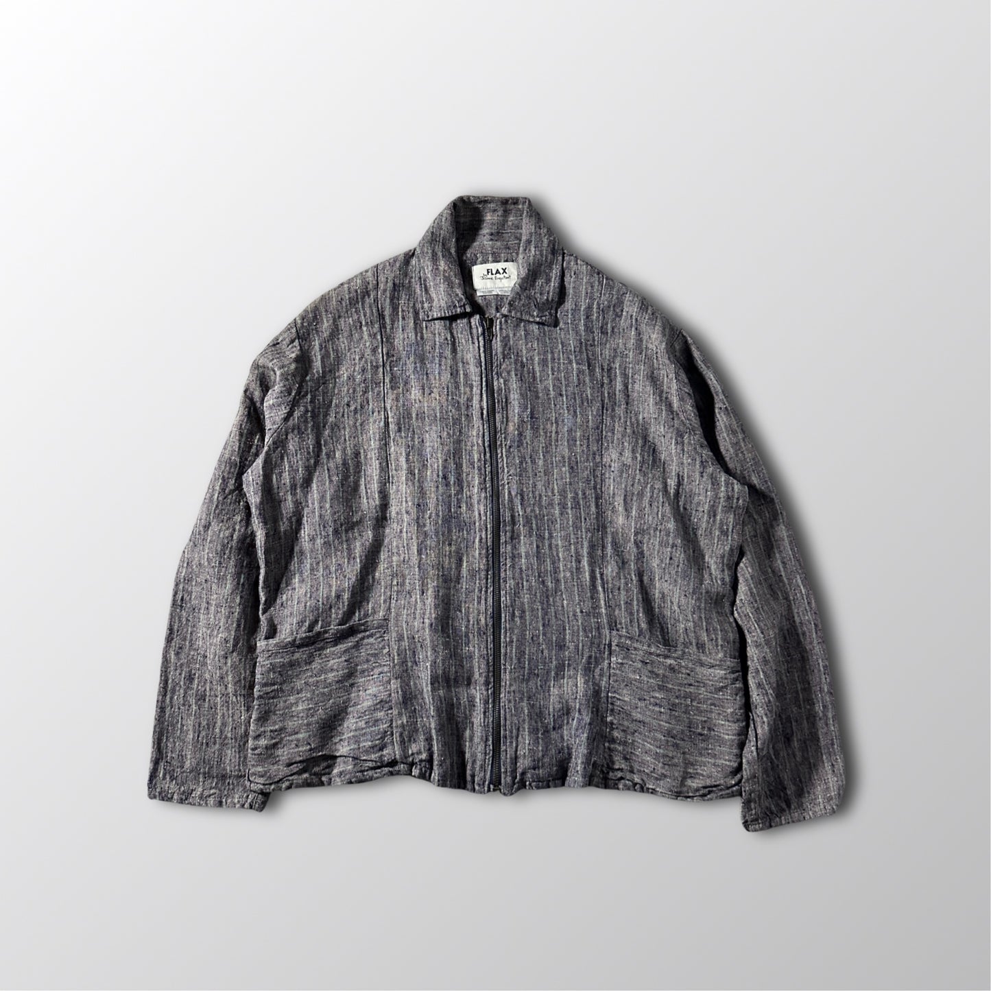 FLAX Linen Layered Zip Jacket – Grey Brown Woven Stripe, Size S