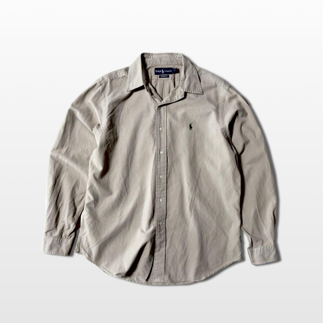 Ralph Lauren Silk Cotton Long Sleeve Shirt Beige Pony Logo Vintage L