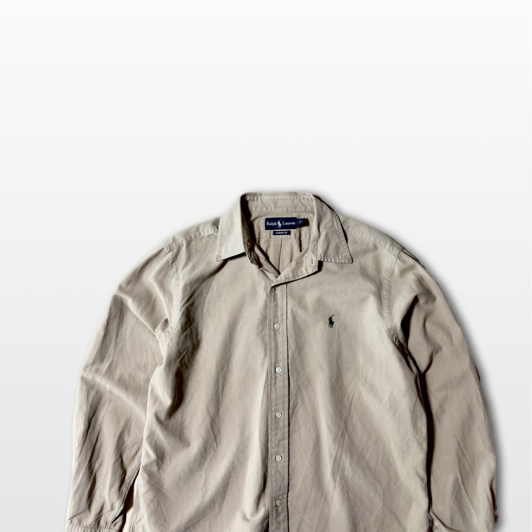 Ralph Lauren Silk Cotton Long Sleeve Shirt Beige Pony Logo Vintage L