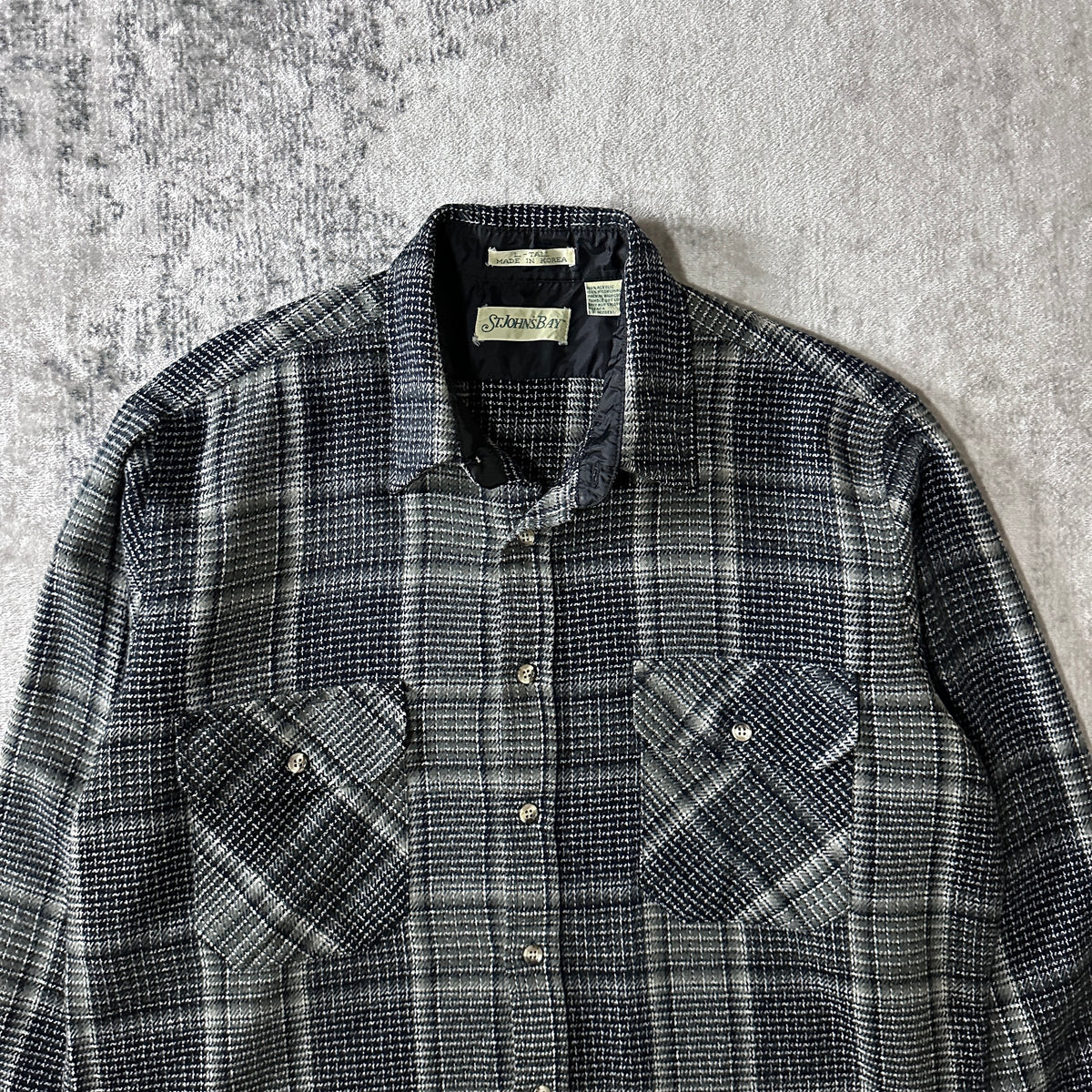 St. John's Bay Gray Black Shadow Check Flannel Shirt Size L Tall