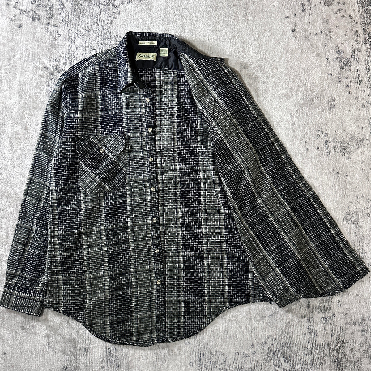 St. John's Bay Gray Black Shadow Check Flannel Shirt Size L Tall