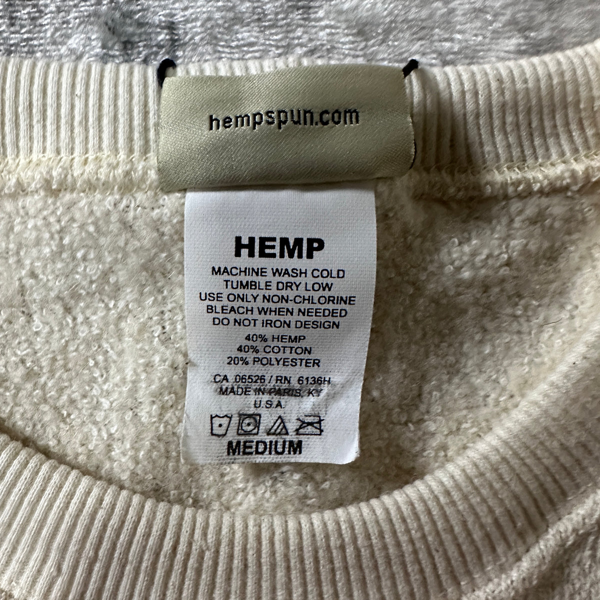 Hempspun Natural Hemp Cotton Crewneck Sweatshirt Made in USA Size M