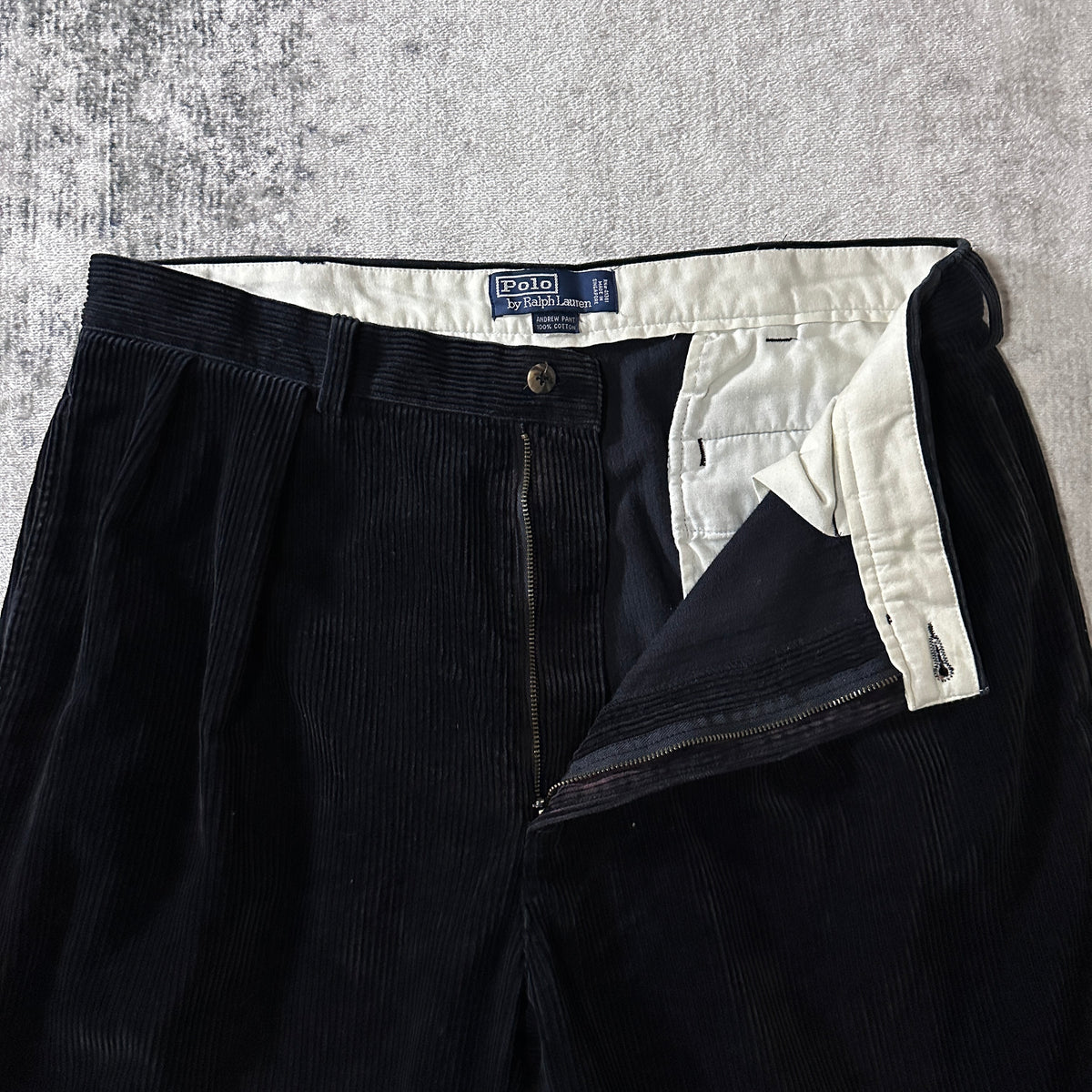 Polo by Ralph Lauren Andrew Pant Black Wide Wale Corduroy Pleated Pants Size 36x30