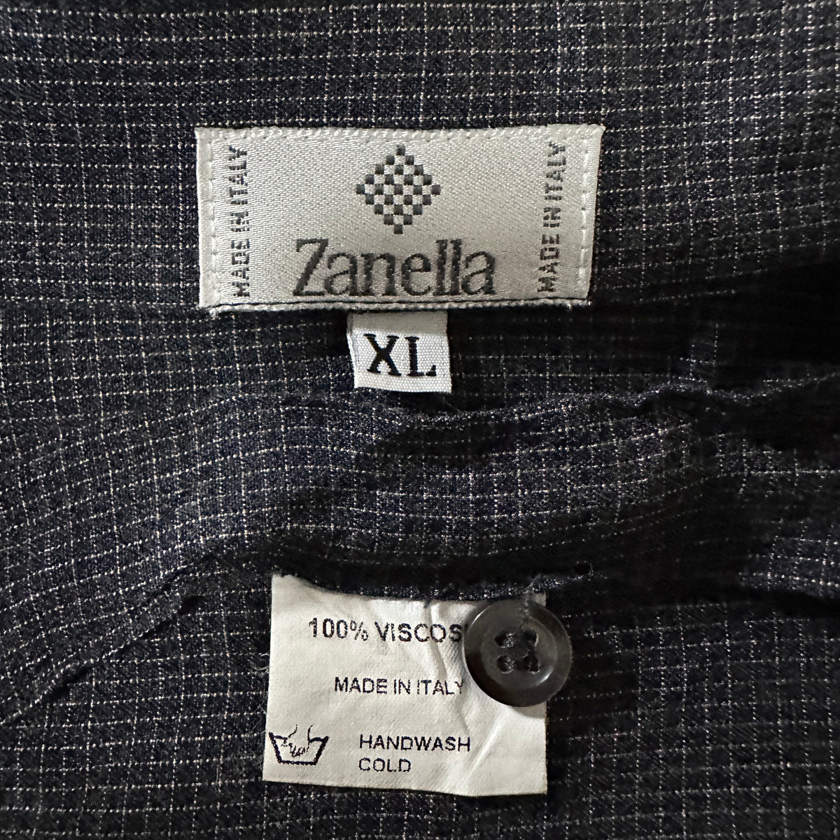 Zanella Charcoal Check 100% Viscose Long Sleeve Shirt Made in Italy Size XL