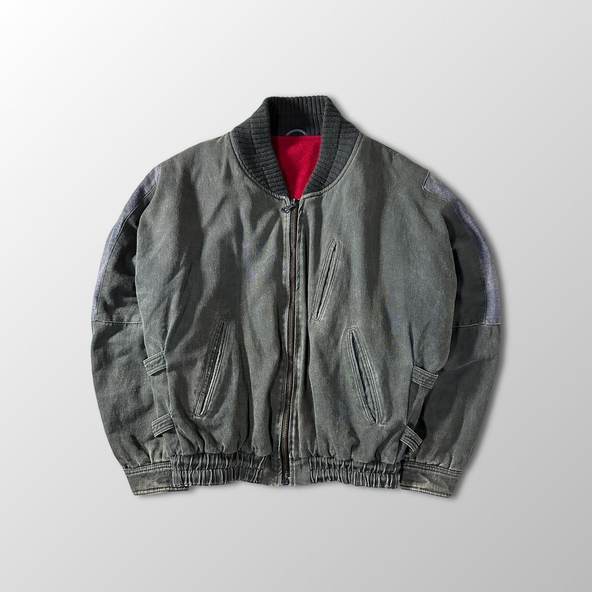 Mari Lorens Gray Denim Bomber Jacket with Red Lining