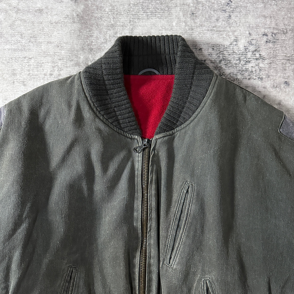 Mari Lorens Gray Denim Bomber Jacket with Red Lining