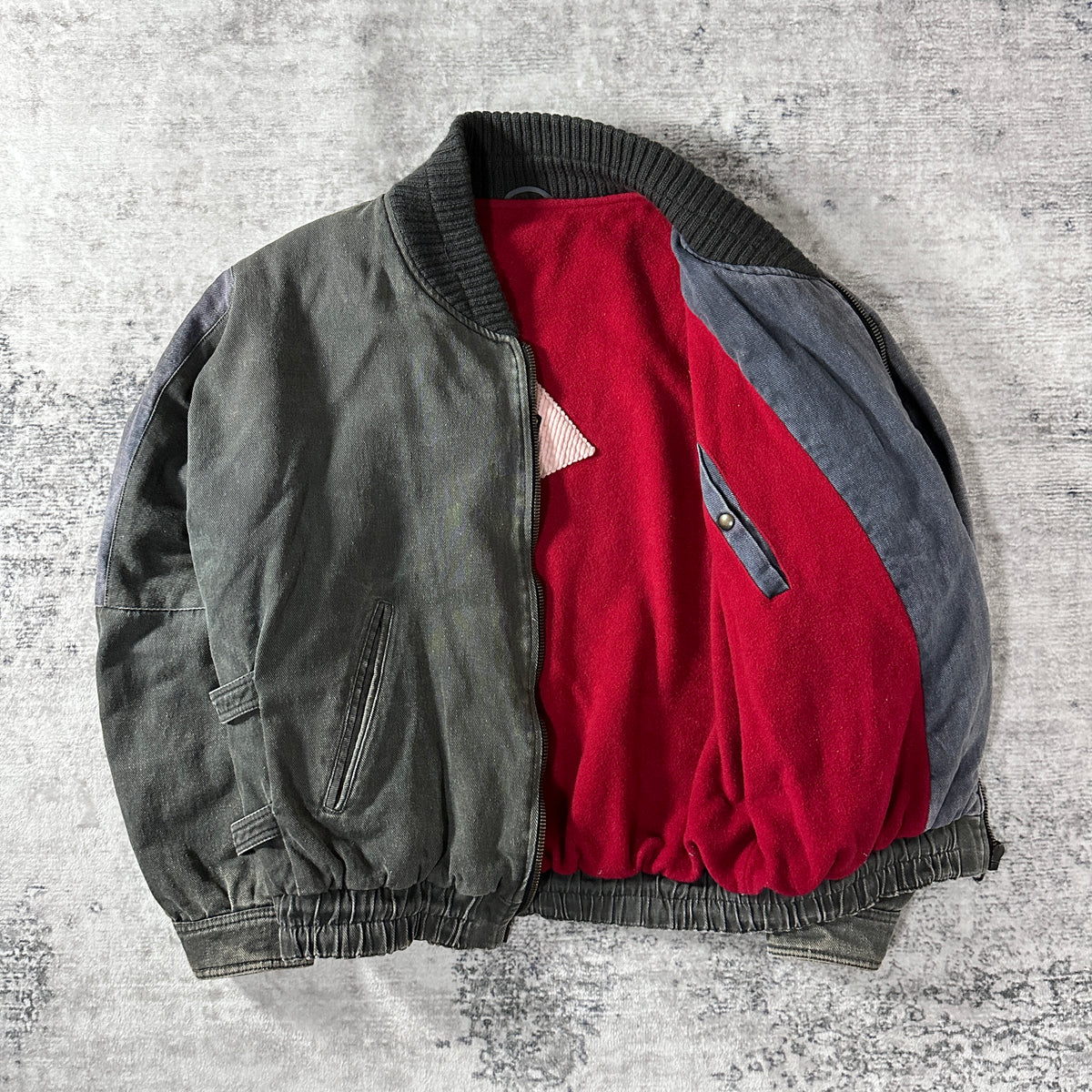 Mari Lorens Gray Denim Bomber Jacket with Red Lining