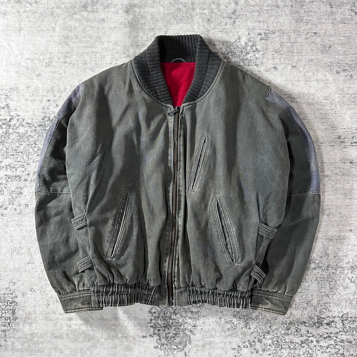 Mari Lorens Gray Denim Bomber Jacket with Red Lining