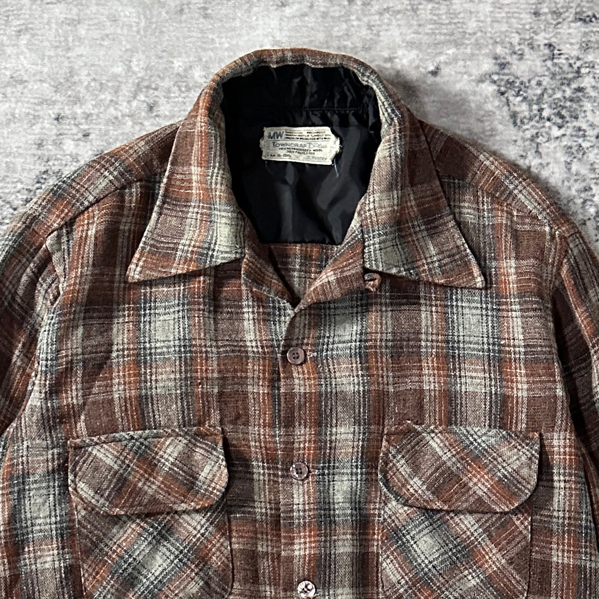 Towncraft Brown Ombre Check Wool Blend Open Collar Shirt Size M