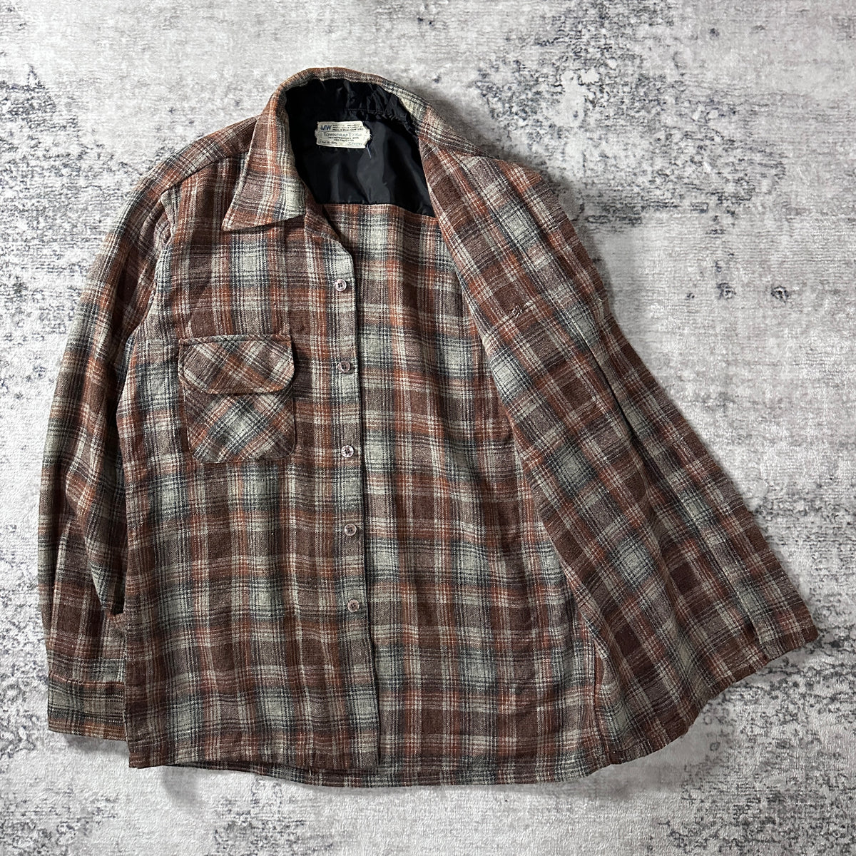 Towncraft Brown Ombre Check Wool Blend Open Collar Shirt Size M