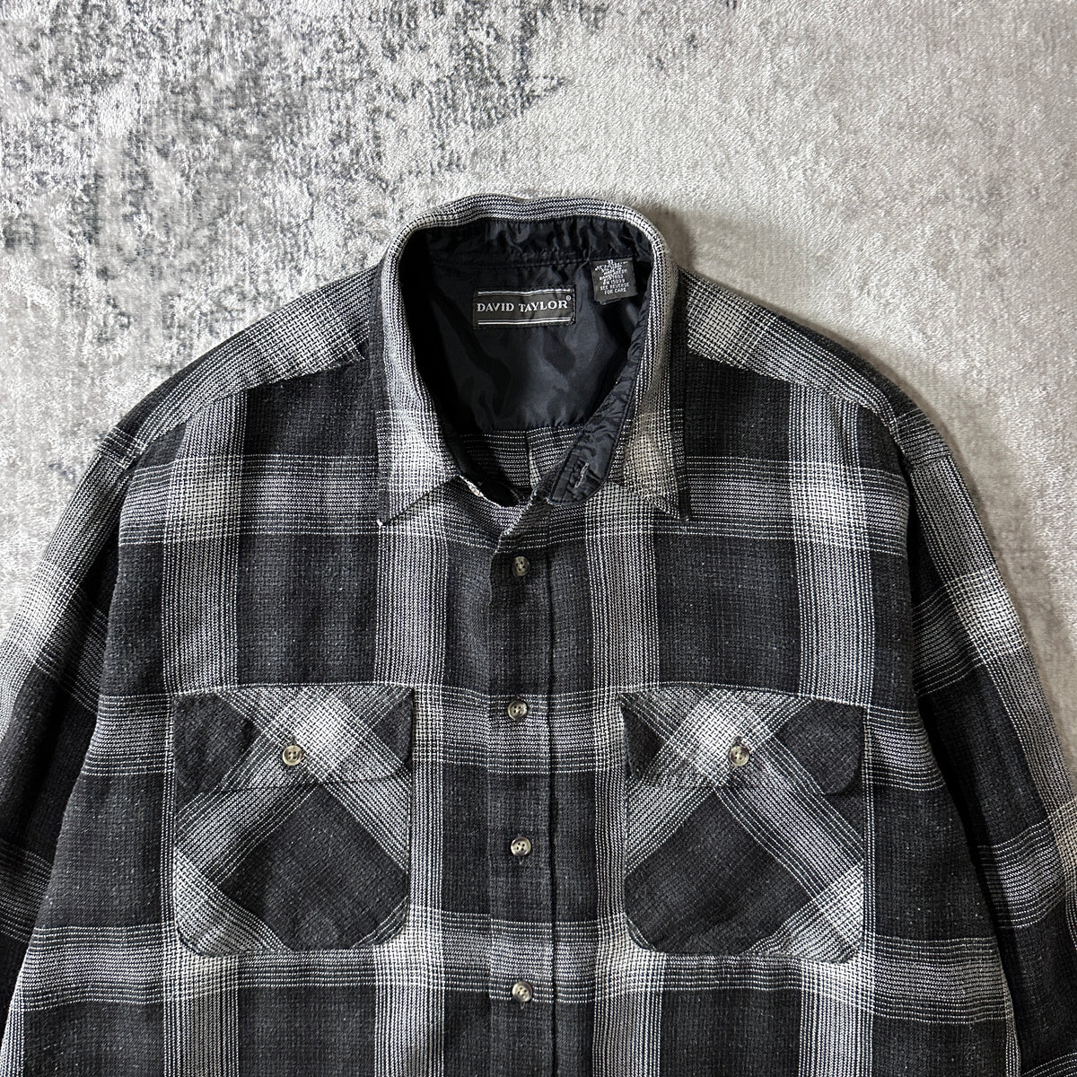 David Taylor Black Gray Ombre Check Heavy Flannel Shirt Size XL