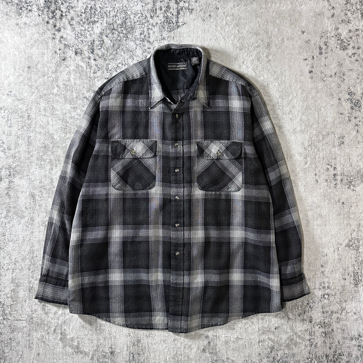 David Taylor Black Gray Ombre Check Heavy Flannel Shirt Size XL