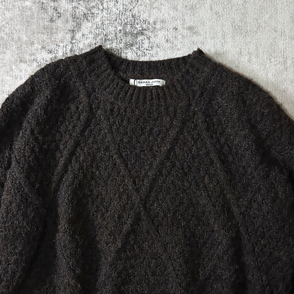 Sarah John Paris Black Brown Wool Cotton Cable Knit Sweater One Size
