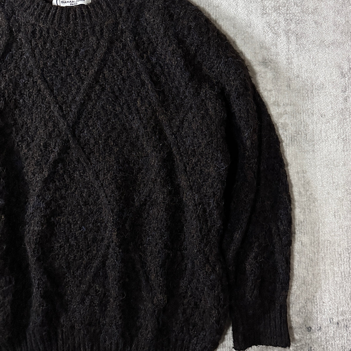 Sarah John Paris Black Brown Wool Cotton Cable Knit Sweater One Size