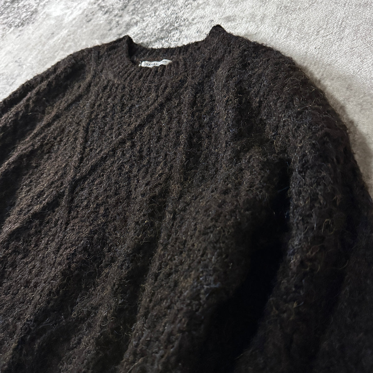 Sarah John Paris Black Brown Wool Cotton Cable Knit Sweater One Size