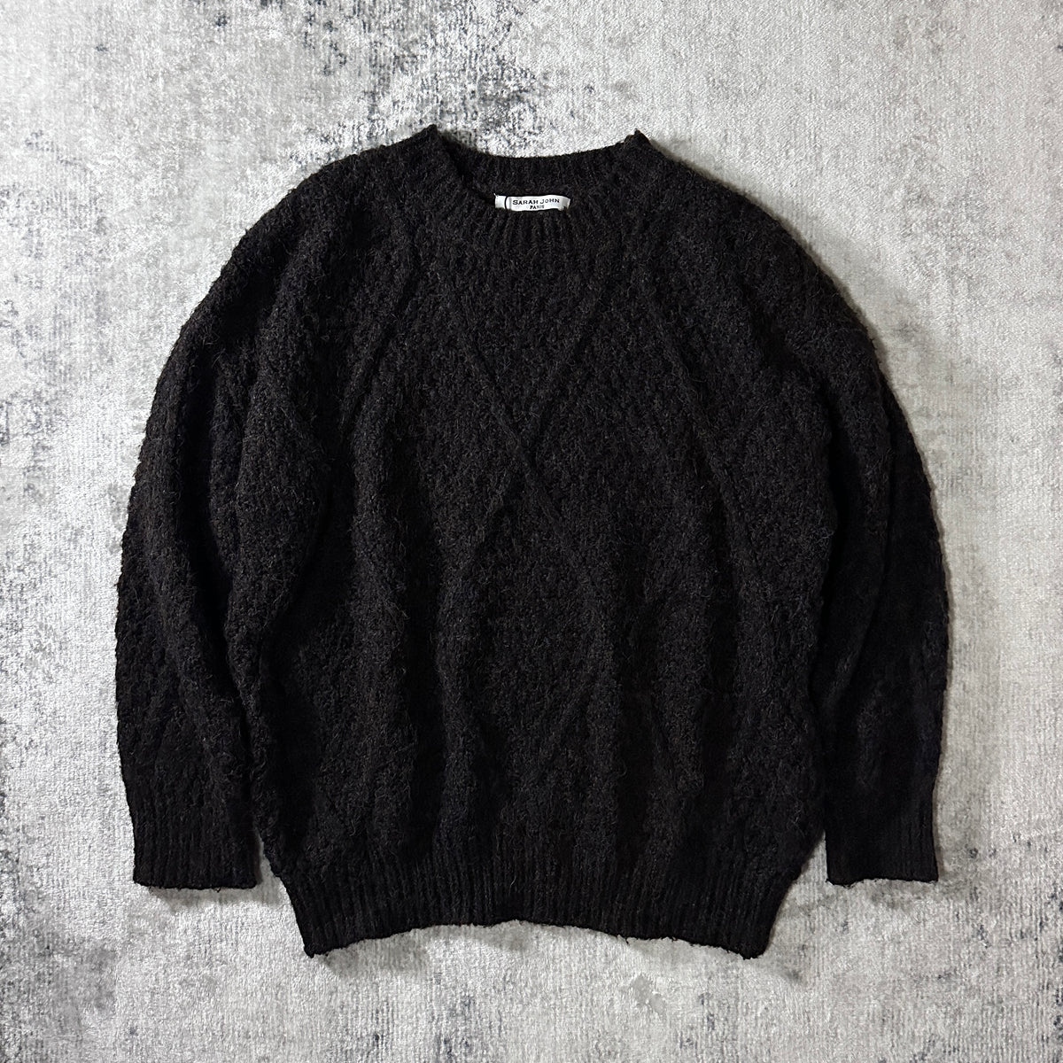Sarah John Paris Black Brown Wool Cotton Cable Knit Sweater One Size