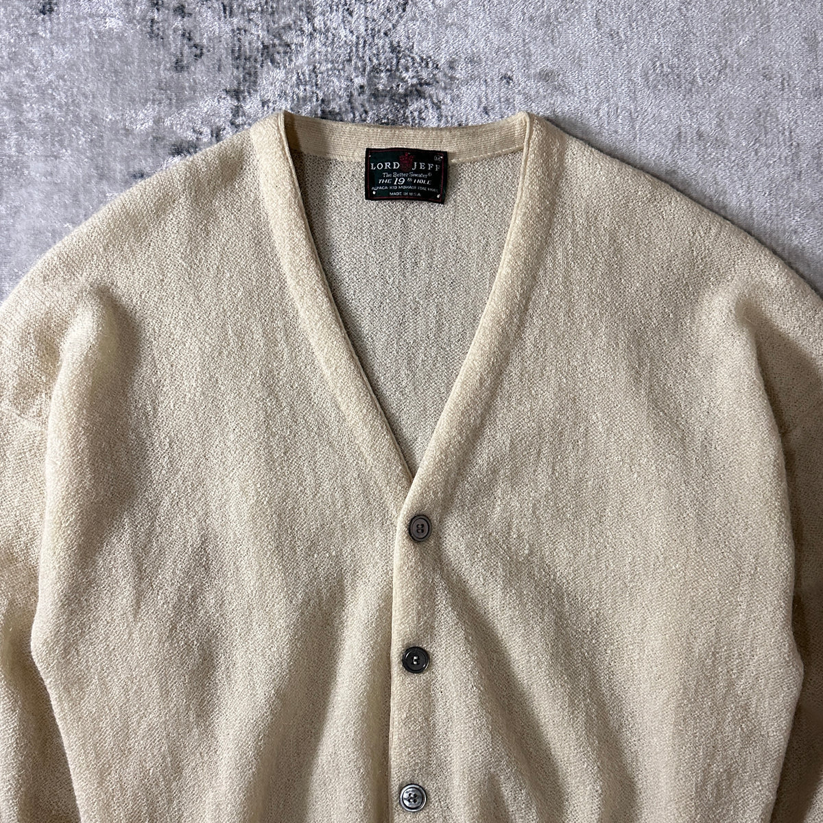 Lord Jeff Cream Alpaca Mohair Wool V-Neck Cardigan Made in USA Size M