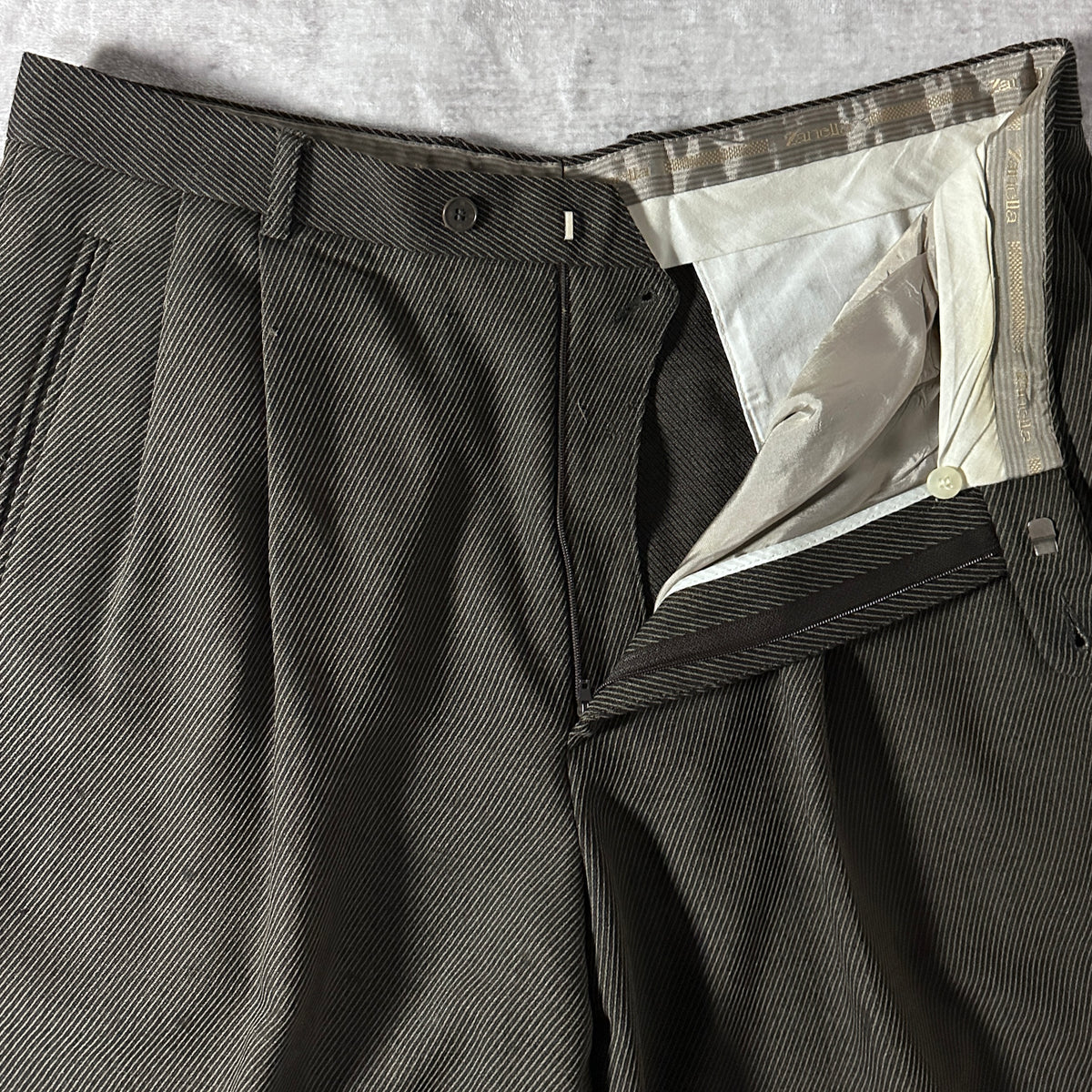 Zanella Dark Olive Brown 100% Virgin Wool Pleated Trousers Made in Italy Size 36