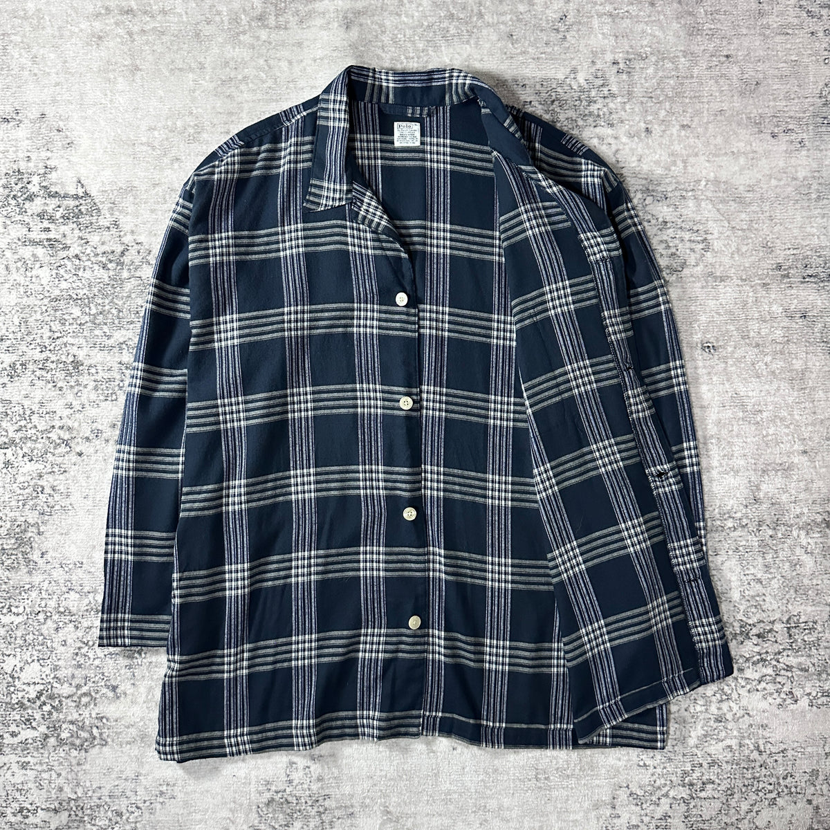 Polo by Ralph Lauren Navy White Plaid Cotton Flannel Open Collar Pajama Shirt Size L/XL