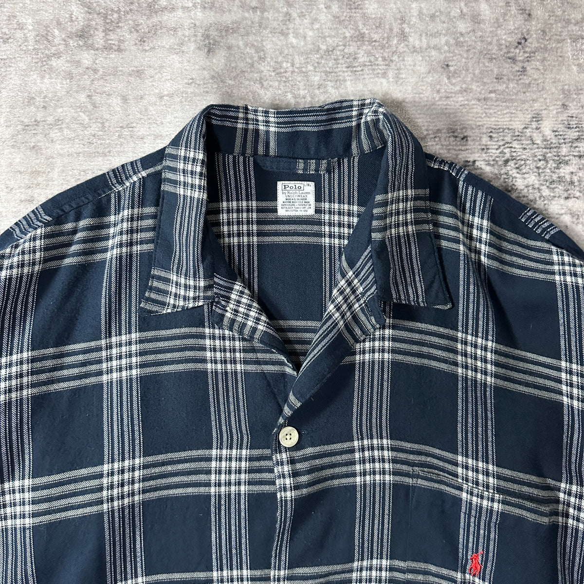 Polo by Ralph Lauren Navy White Plaid Cotton Flannel Open Collar Pajama Shirt Size L/XL