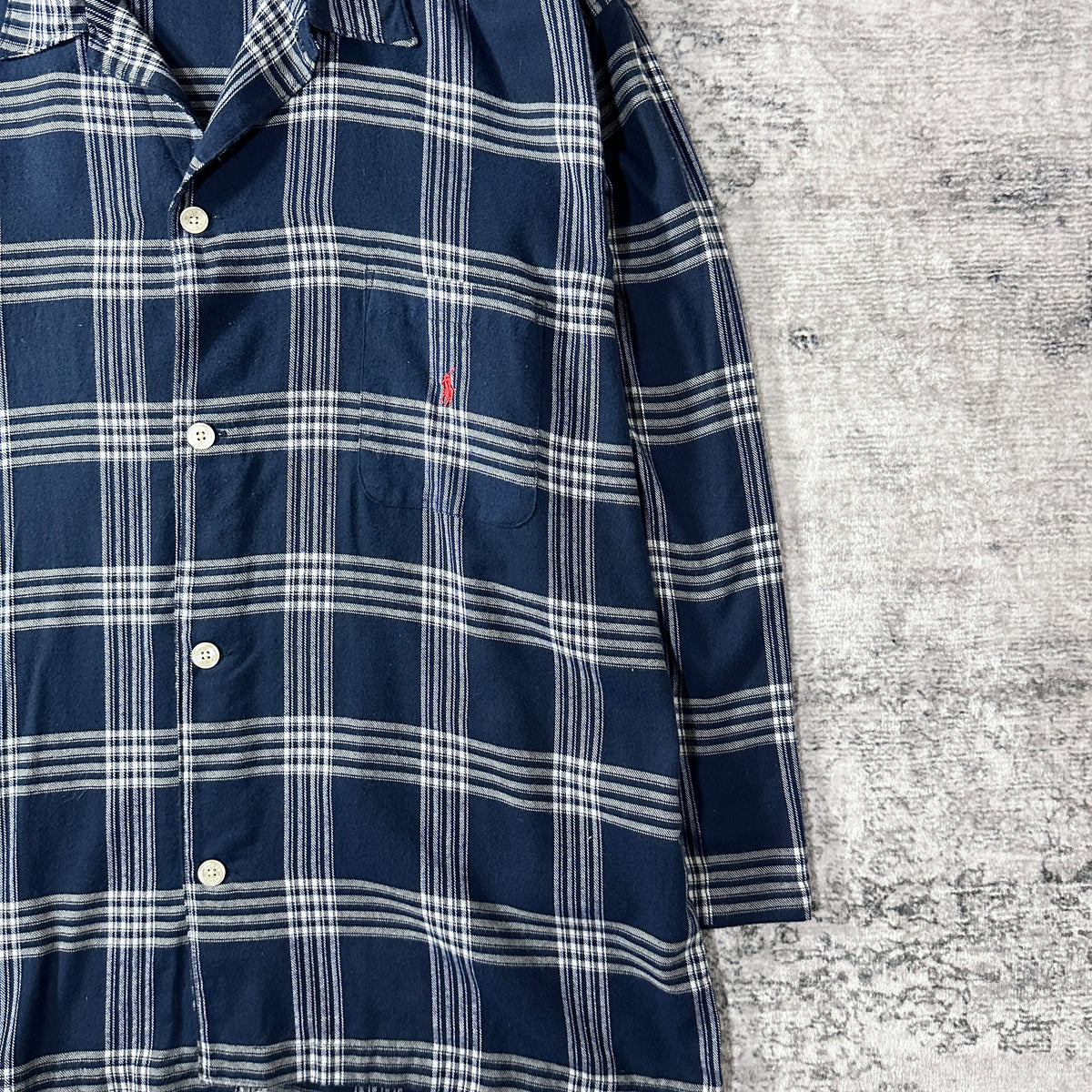 Polo by Ralph Lauren Navy White Plaid Cotton Flannel Open Collar Pajama Shirt Size L/XL
