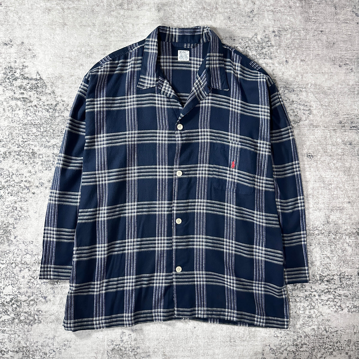 Polo by Ralph Lauren Navy White Plaid Cotton Flannel Open Collar Pajama Shirt Size L/XL