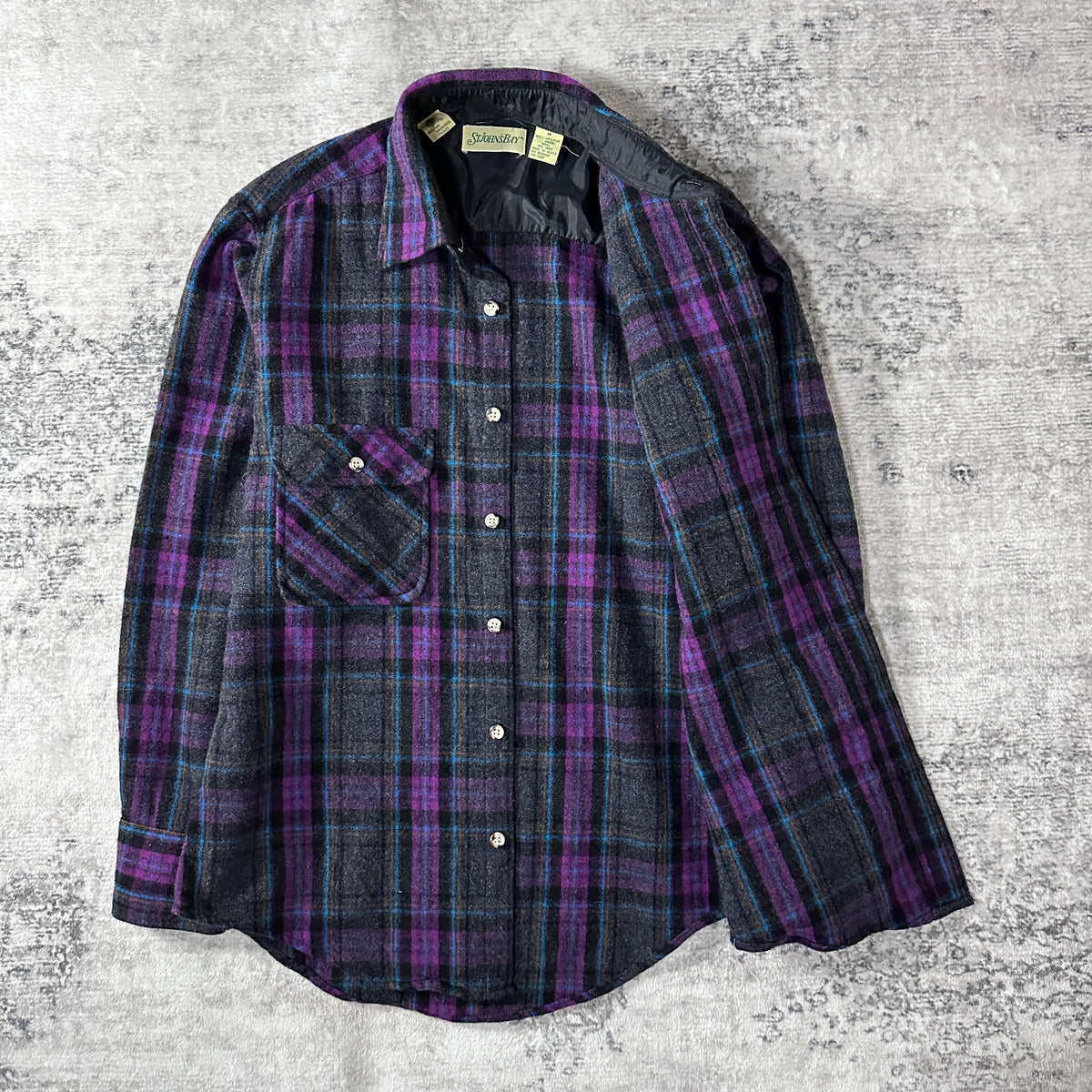 St. John's Bay Purple Plaid 100% Virgin Wool Shirt Size M