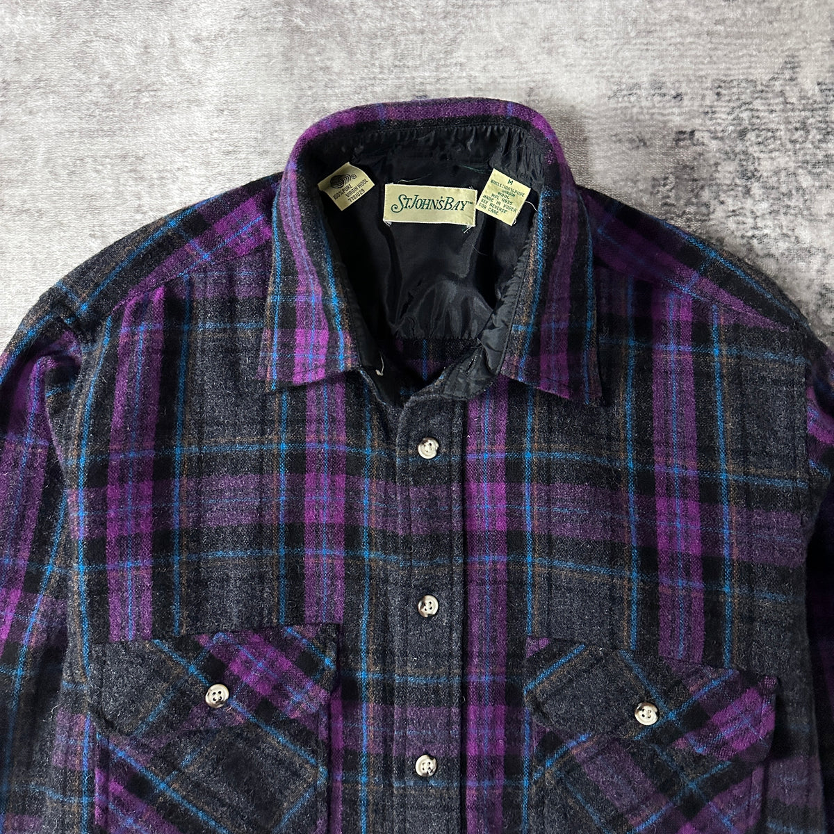 St. John's Bay Purple Plaid 100% Virgin Wool Shirt Size M