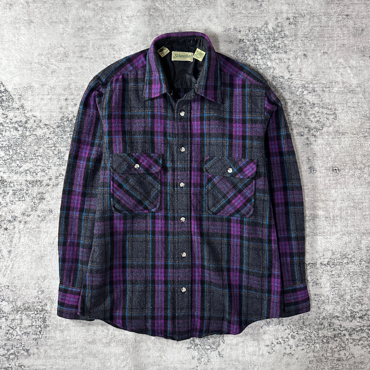 St. John's Bay Purple Plaid 100% Virgin Wool Shirt Size M