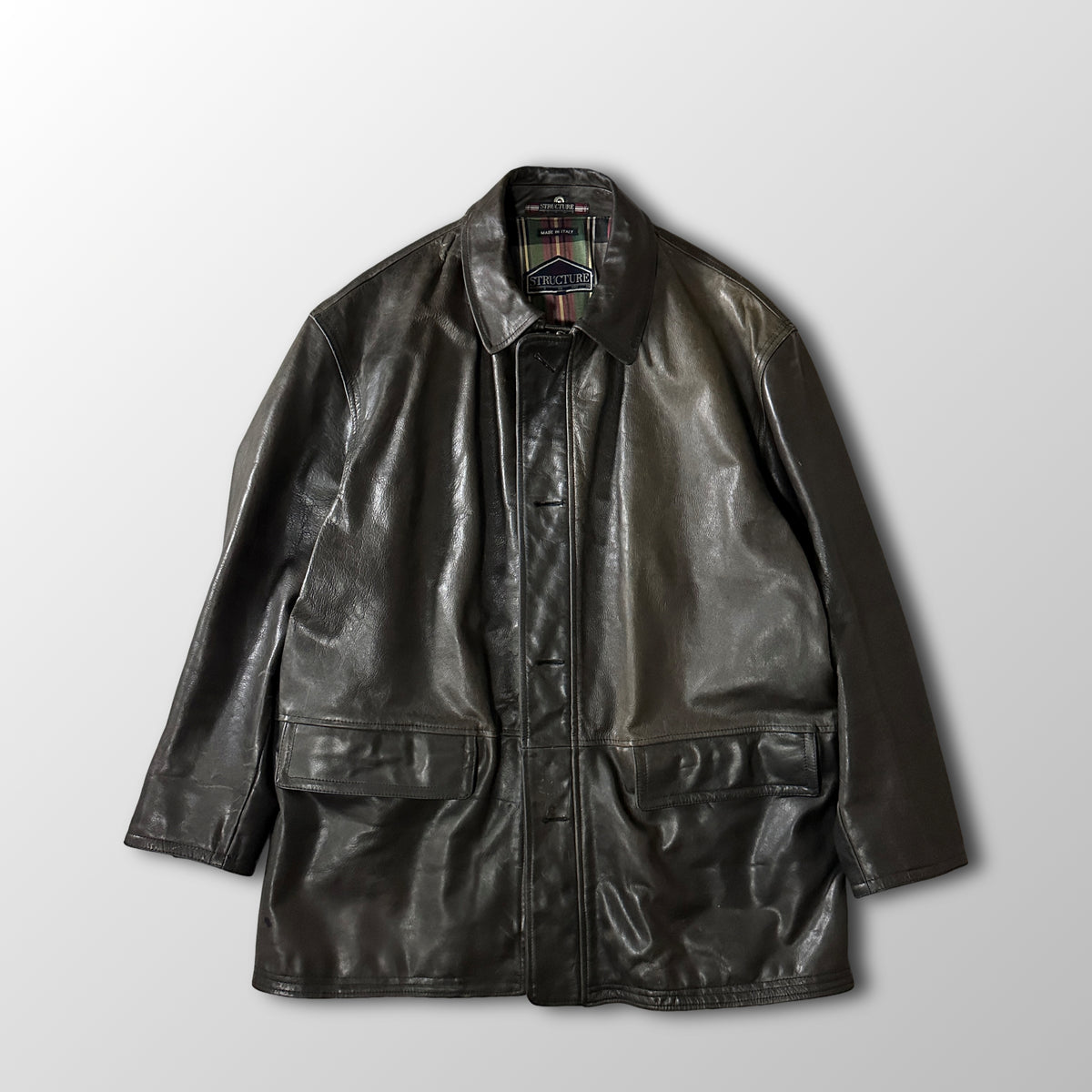 Structure Dark Brown Leather Car Coat Made in Italy Size L