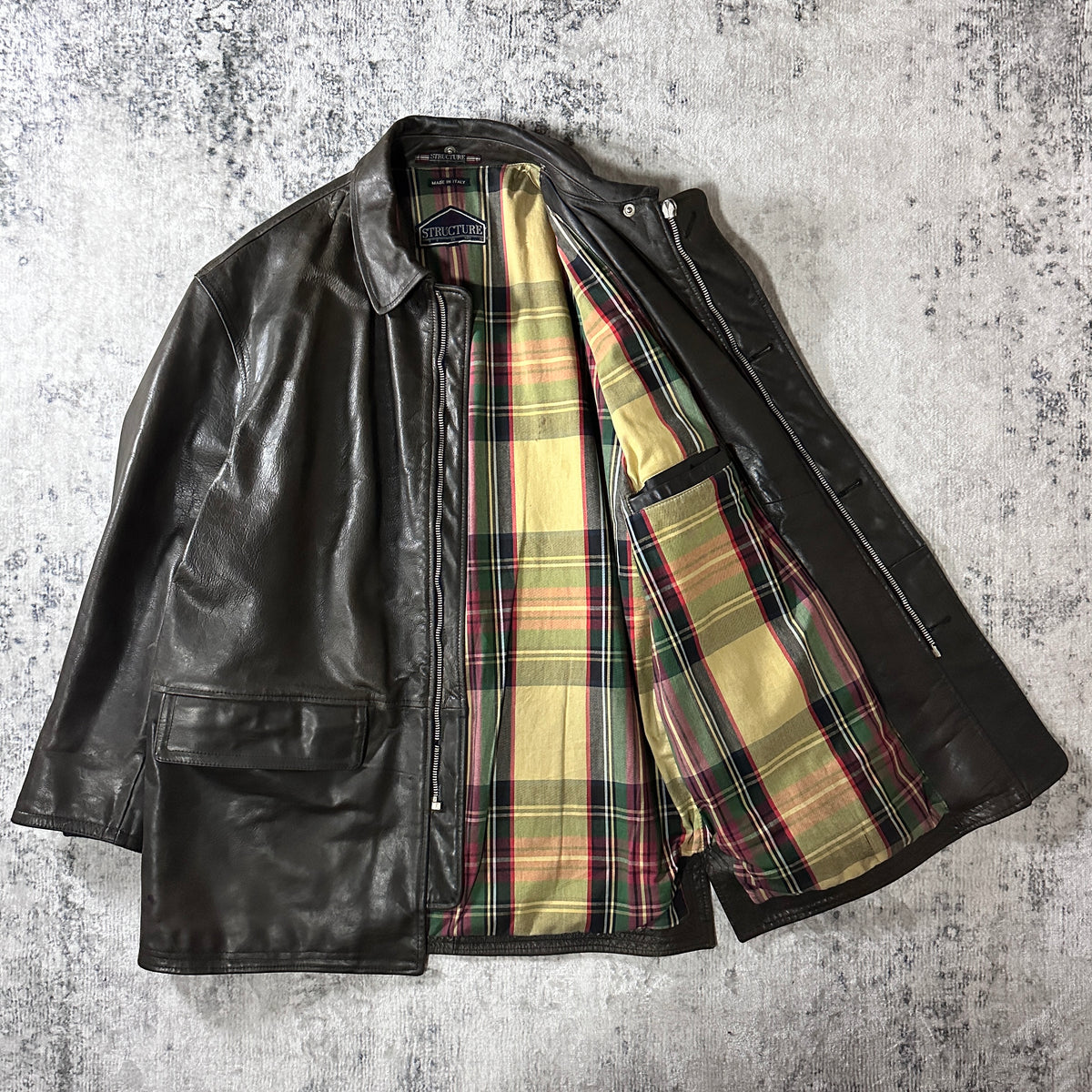 Structure Dark Brown Leather Car Coat Made in Italy Size L