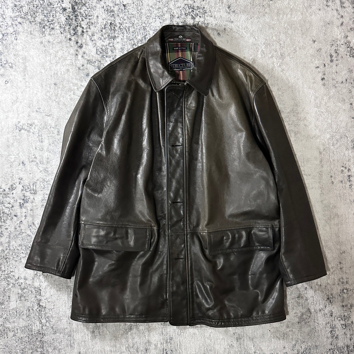 Structure Dark Brown Leather Car Coat Made in Italy Size L